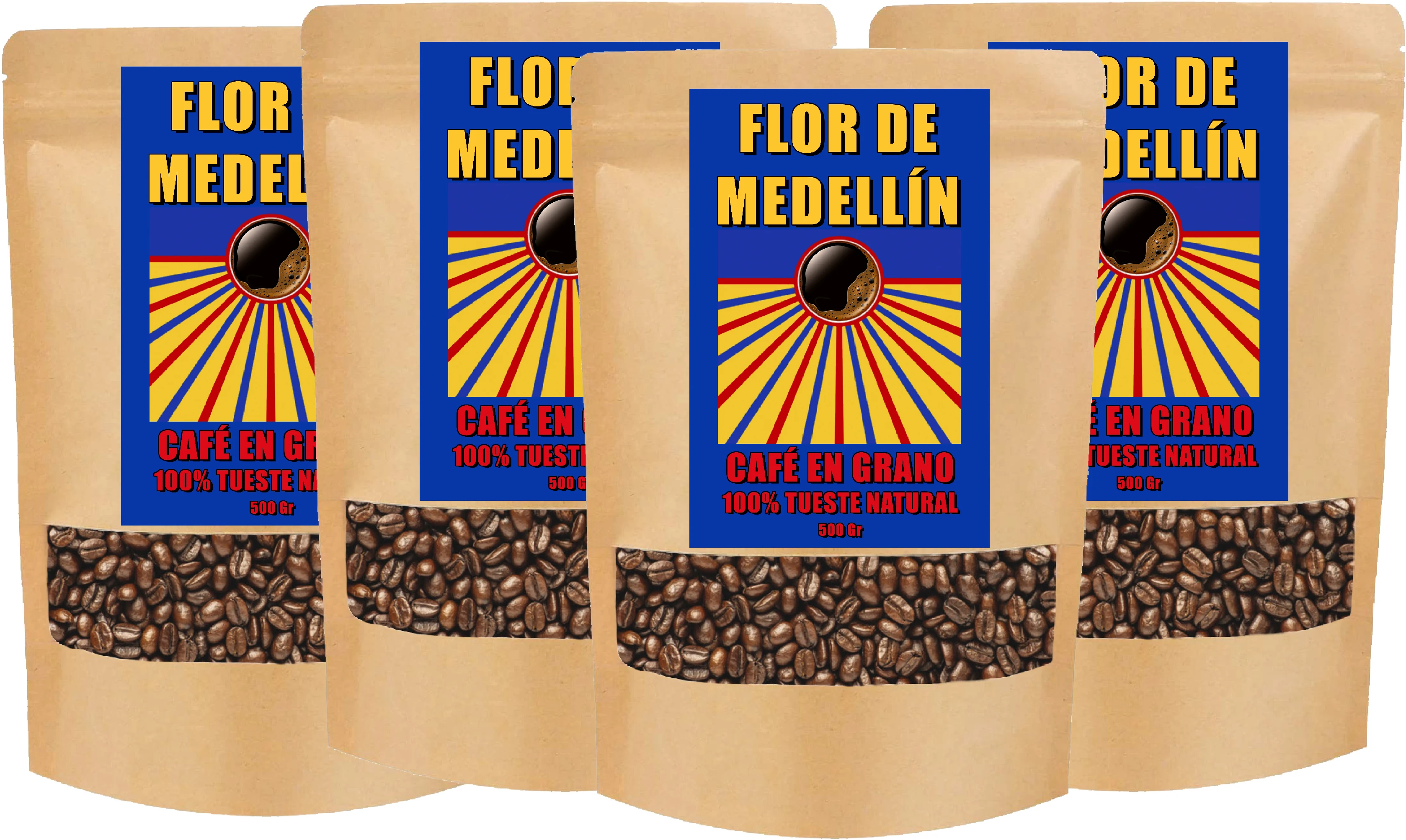 Café Flor de Medellín - Café en Grano 100% Tueste Natural - 4 Bolsas de 500 gr cada una. Taza de Café con mucho Aroma y Sabor