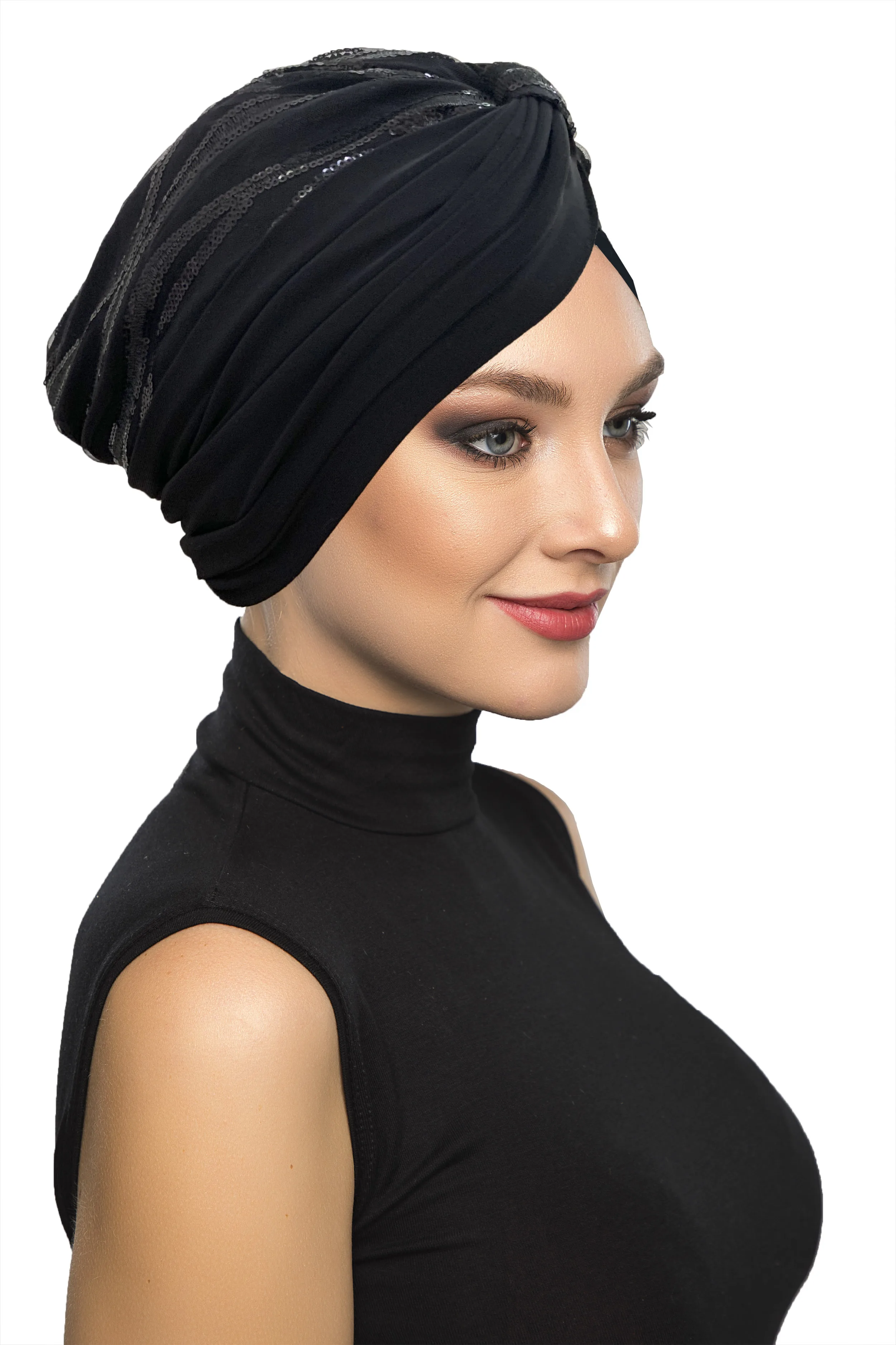2022 New Fashion Black Patterned Sequined Ready Made Turban Hijab Bonnet Scarf Cancer Cap Special Women Product Beret Muslim Liner Chemo All Season Rib Lame Pearl Bead Custom Design
