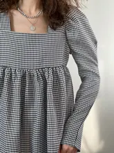 Plaid Dress Puff-Sleeve Square Collar Bclout Black White Sexy Vintage Autumn Casual Woman