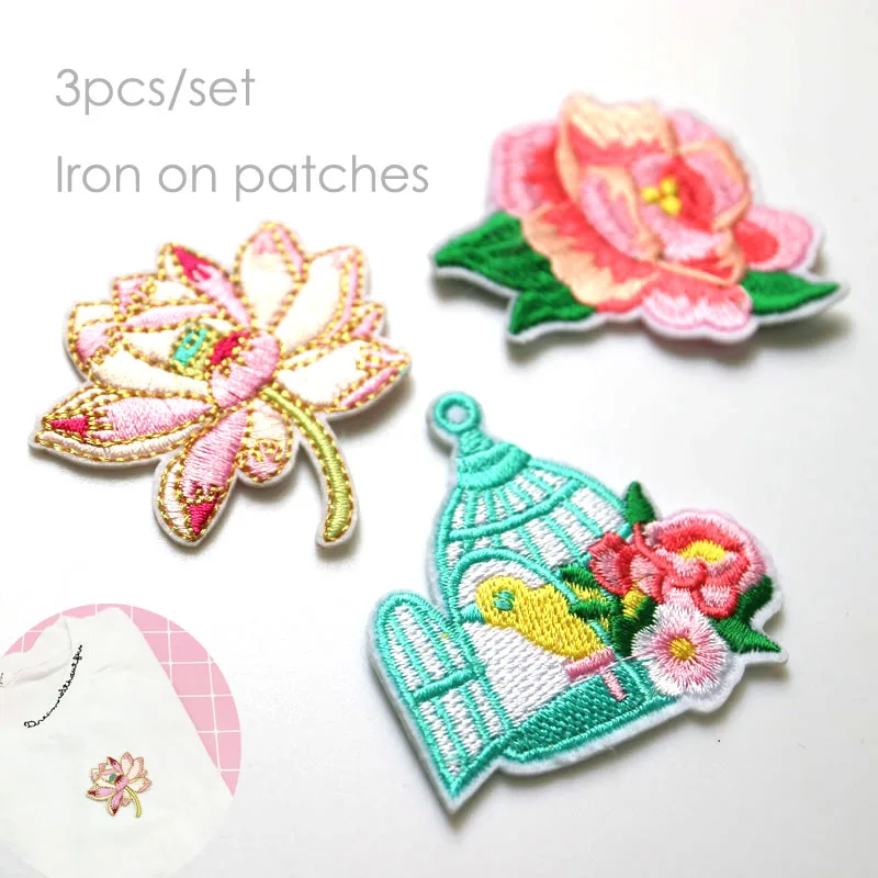 

3pcs/set small flowers bird embroidery Patches for clothing DIY colorful iron on parches applique for kids clothes