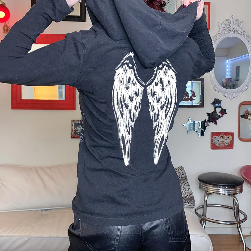 Xingqing Angel Wings Print Tops Fairy Grunge Graphic T Shirts Vintage Indie Aesthetic Clothes Cyber Y2k Slim Long Sleeve Top couple t shirt