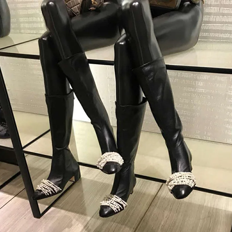 Brand Design Women Boots Black Med Heels Knight Boots String Bead