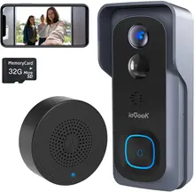 Iegeek 1080P Vidéo Sonnette Caméra 6700mAh Batterie Sans Fil WiFi Sans Fil Porte Caméra avec Détection De Mouvement 32 GO, 2 Voies Audio