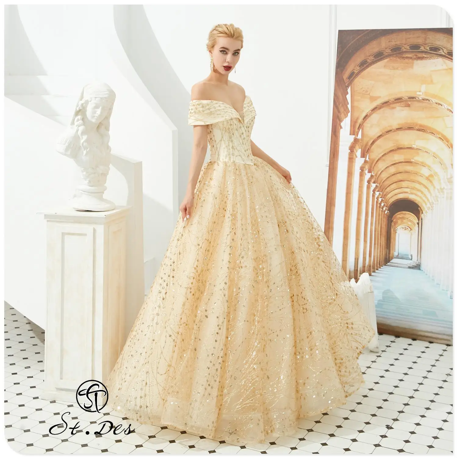 

NEW Arrival 2020 St.Des A-line Off the Shoulder Russian Champagne Beading Designer Floor Length Evening Dress Party Dress Gowns