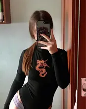 Body de manga larga con dibujo de dragón para mujer, bodys negros sexys, ropa de calle con cuello redondo para primavera y otoño