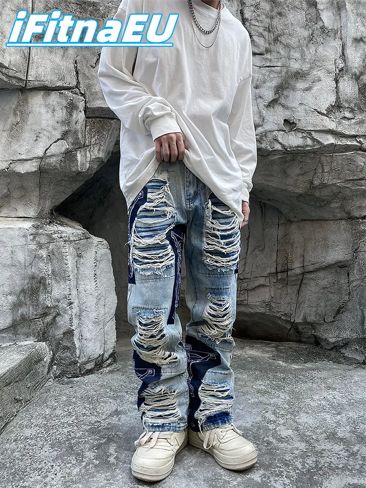 Ripped Jeans Baggy Men Print Harajuku 