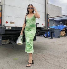 Vestido de punto verde con estampado de Cachemira para mujer, vestido Sexy ajustado sin mangas con tirantes finos, para fiesta en la playa, por debajo de la rodilla, Y2K, 2021