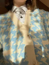 HEYounGIRL pata de gallo a cuadros estampado Cardigan mujeres otoño cuello V Vintage Top corto de punto suéter Casual suelto de punto de invierno