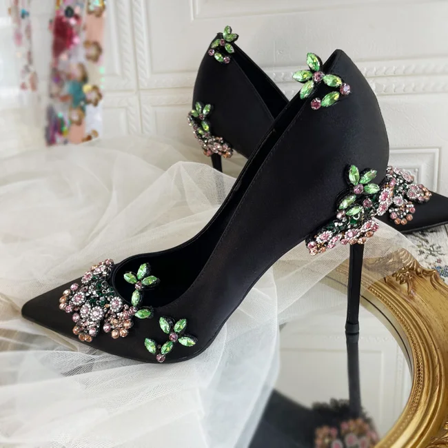 

Women's Pointed Toe Satin High Heels Colored Diamond Embellished Flowers Diamond Stiletto Pumps Banquet Shoes Footwear Size 42