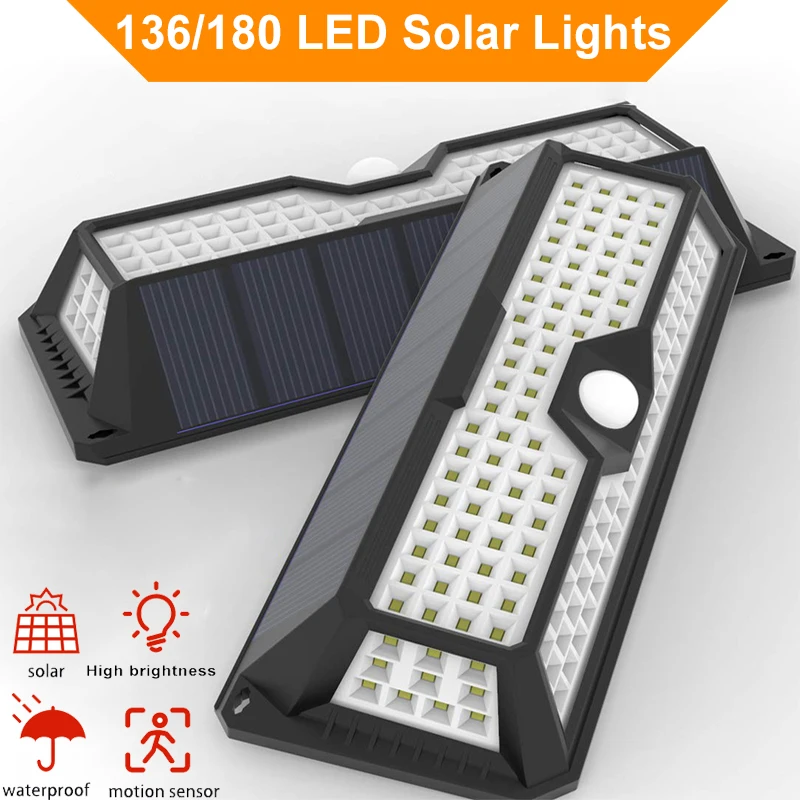 136/180 LED Solar Lights Outdoor Sunlight Powered 3 Mode with Motion Sensor Waterproof For Patio Garden Decoration