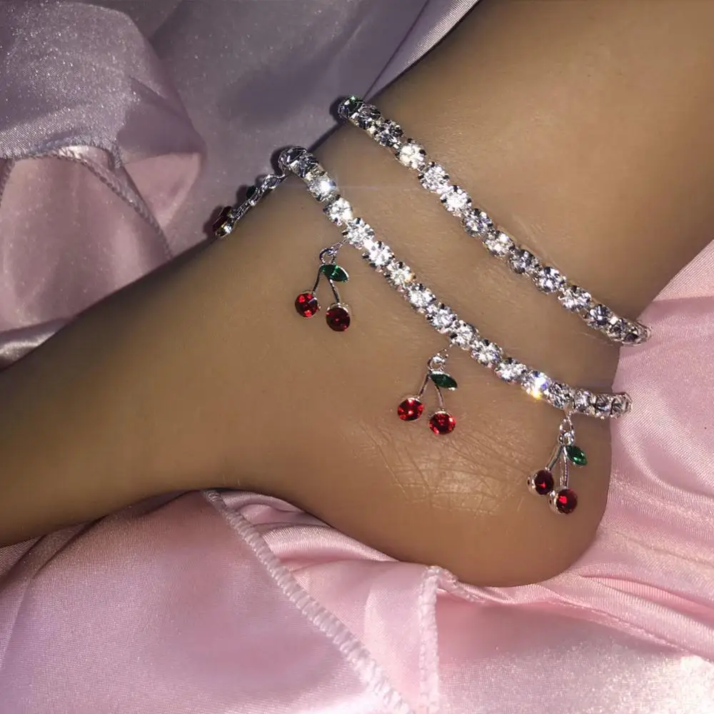 Hip Hop Rhinestones Foot Jewelry Barefoot Sandal Cherry Anklet For Women Cute Pendant Beach Tennis Chain |