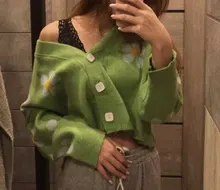 Neploe-Suéter de cuello de pico suelto para mujeres, jersey estilo Preppy de punto con flores, cárdigans, elegante, grueso, con impreso, corto, abrigo informal, 46565