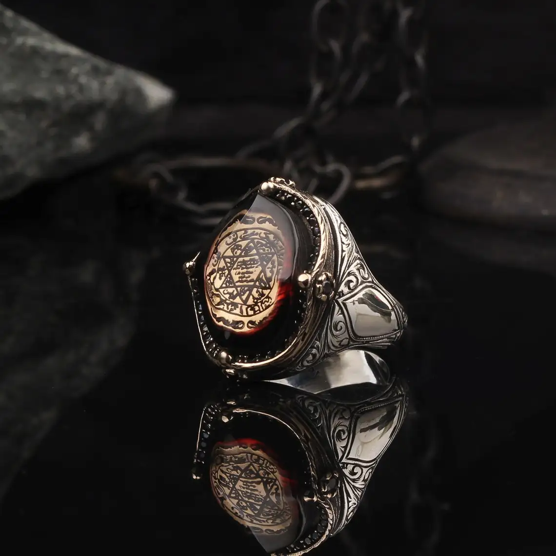 Suleiman's 스타 실버 반지, 앰버 스톤, 데이비드의 스타 남자 반지, 터키 실버 반지 