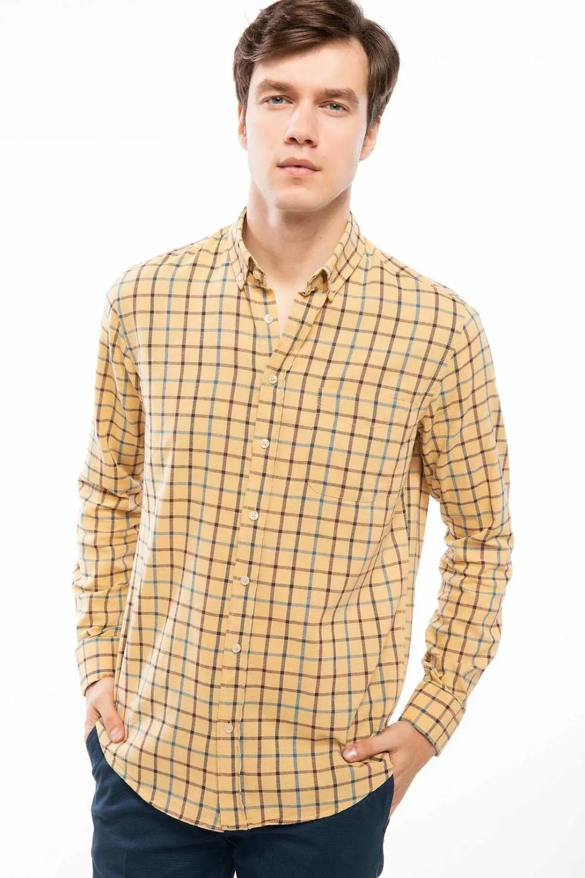 Дефакто Мужская Однотонная рубашка с длинным рукавом в клетку мужские повседневные рубашки с отложным воротником мужской хлопковый топ Shirts-I9618AZ18AU