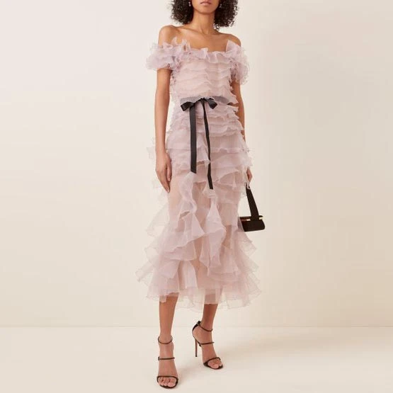 

Accent Ruffled Organza Midi Dress Off-Shoulder Tulle Dresses Trumpet Ruffles Tulle Midi Long Dress Lace-Up Waist Prom Dress