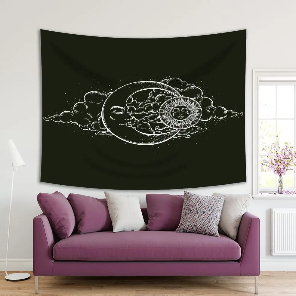 Moon Sun Stars And Clouds Night Sky Oriental Mythical Artwork On Dark Background Printed Black White Tapestry Tapestry Aliexpress