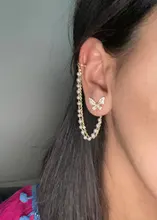Pendientes de alas de mariposa con Micro incrustaciones para mujer, cadena de circonita y Perla, colgante trasero, orejas, pendiente de joyería coreana, venta al por mayor