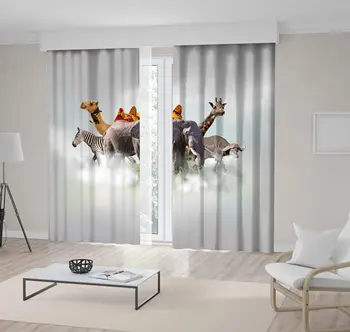 

Curtain Giraffe Elephant Zebra Camel Buffalo Above White Clouds in Gray Sky Wild Animals Photo