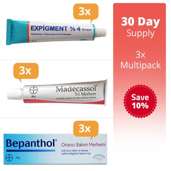

Expigment 4% 30 Gr. + Madecassol 1% 40 Gr. + Bepanthol Protective Care 30 Gr. - 30 Day Supply - 3 x Multipack
