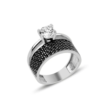 

Silver 925 Sterling Zircon Cubic Zirconia Four Row Half Round Engagement Ring