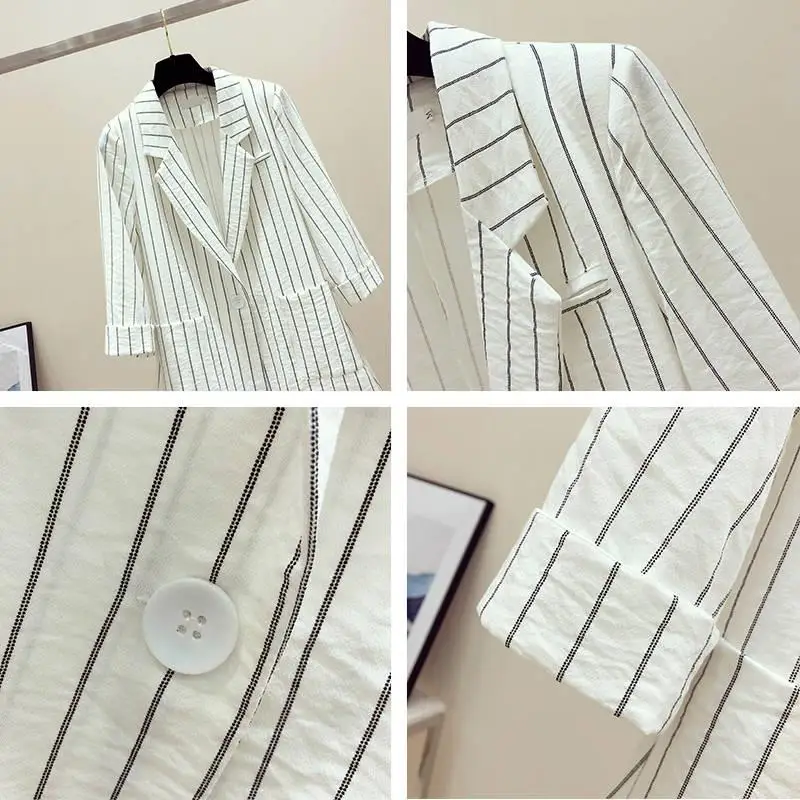 Spring / summer new loose British stripe Blazer sunscreen coat women's medium length thin casual suit UT073