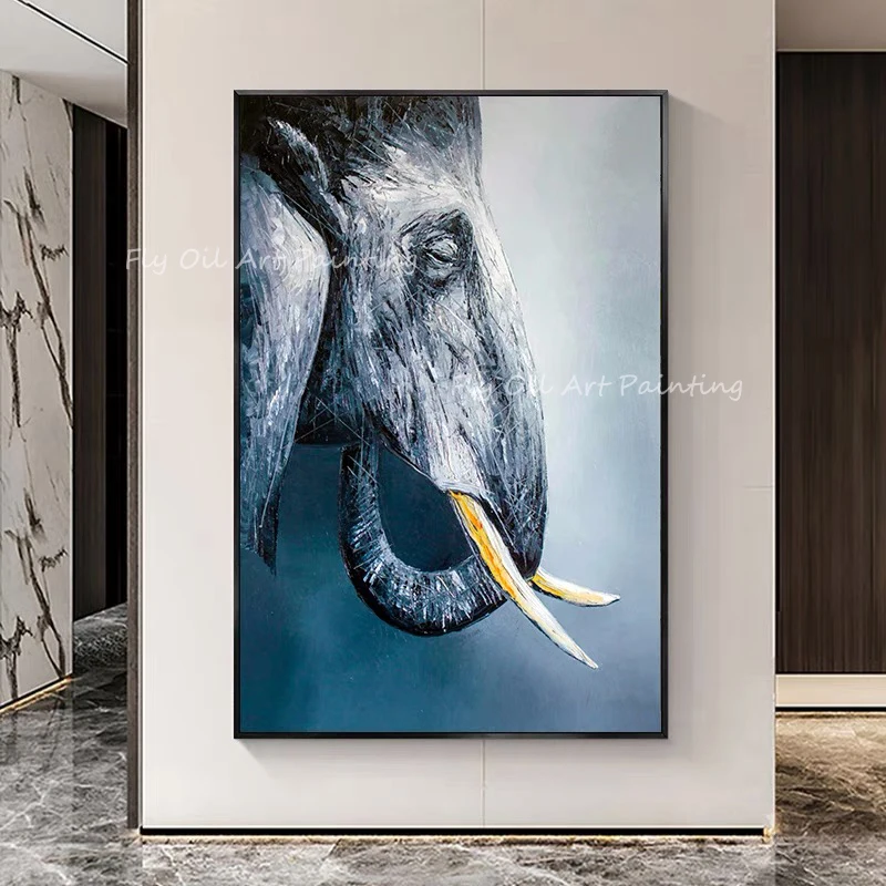 

100% Handmade large size elephant elegance animal blue canvas oil painting for office living room decoration gift