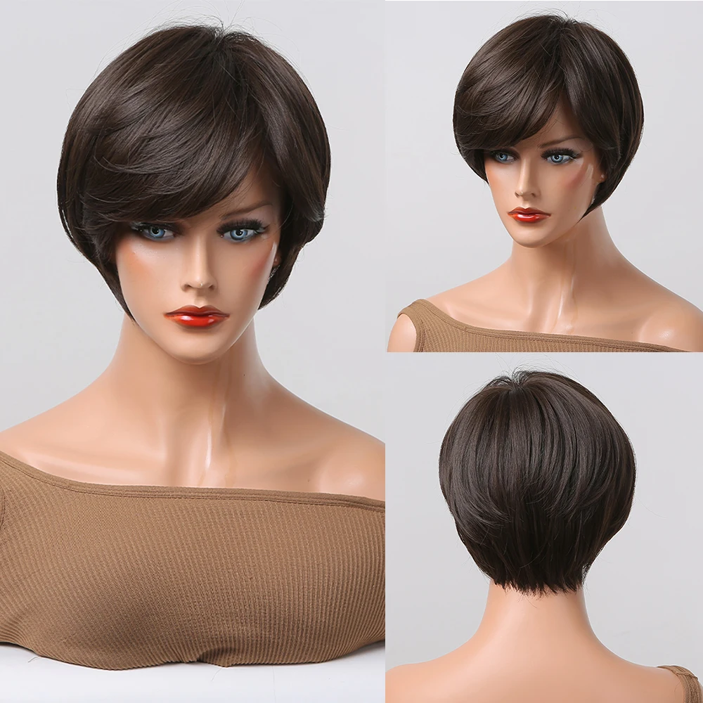 Short Synthetic Wigs Dark Brown Natural Wig with Side Bangs for Women Cosplay Daily Party Pixie Cut Wigs High Temperature Fibre