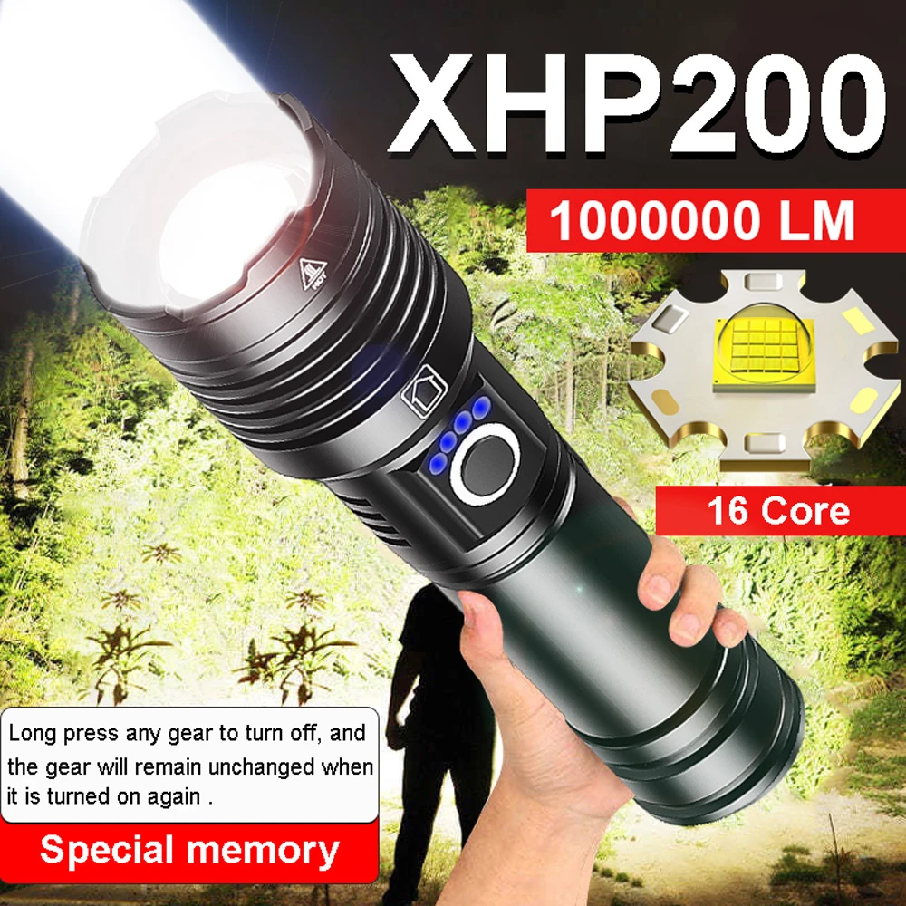 XHP200 High Power LED Flashlight 1000000LM Type-C Usb Rechargeable Outdoor Waterproof Tactical Flashlight 18650 XHP50 Zoom Torch best flashlights for police