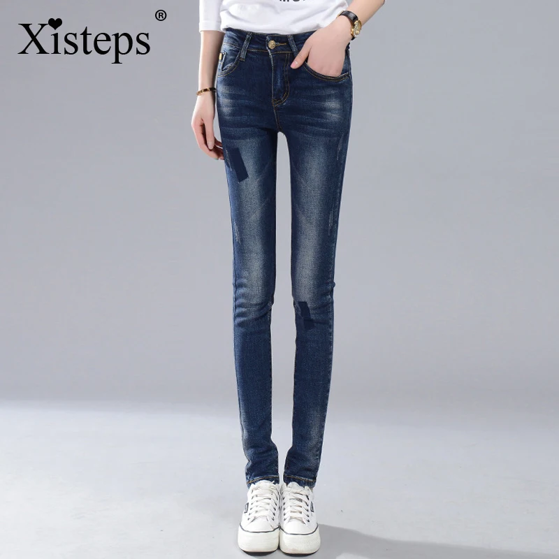 

Nonis Jeans For Women Blue Mid Waist Sexy Crop Skinny Jeans 2017 New Fashion Autumn Vintage Zip Pencil Jeans