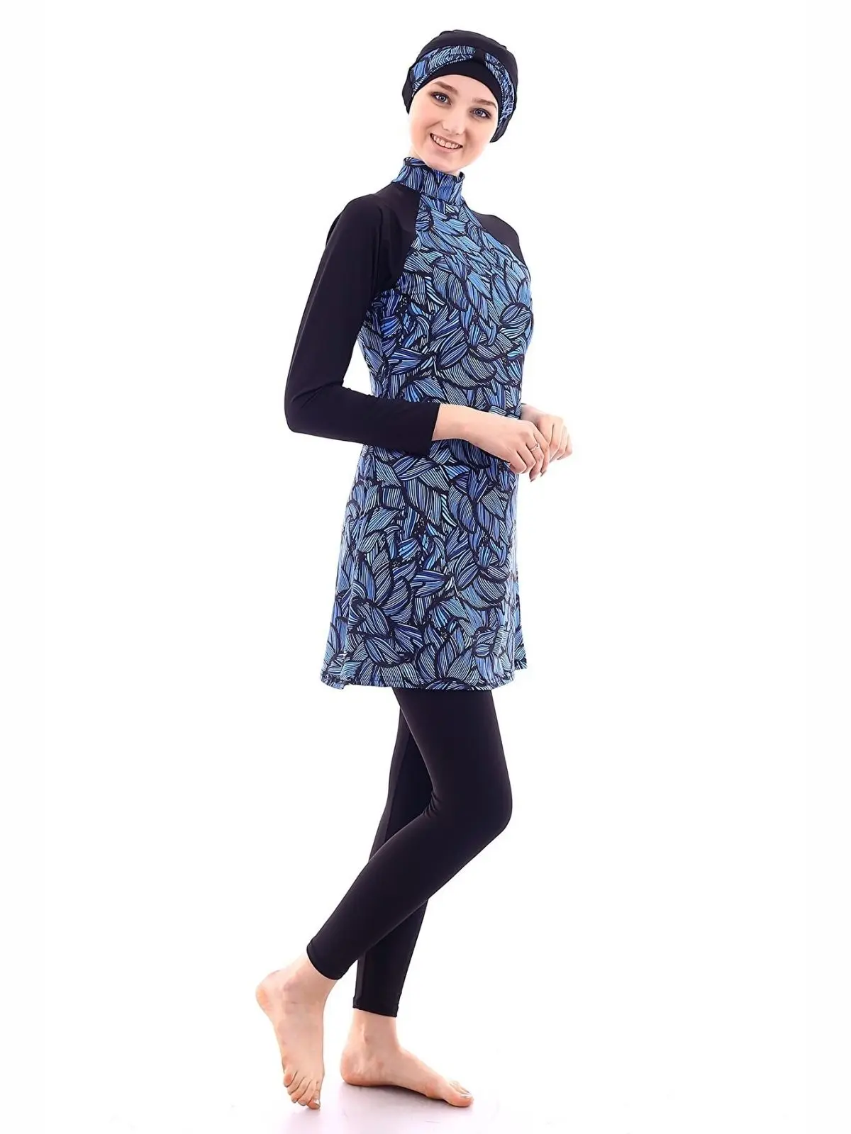Long Sleeve Patterned Fully Covered Swimsuit Women Swimwear Hashem Unlined Muslim Hijab Stand Collar Summer Sea Swimming