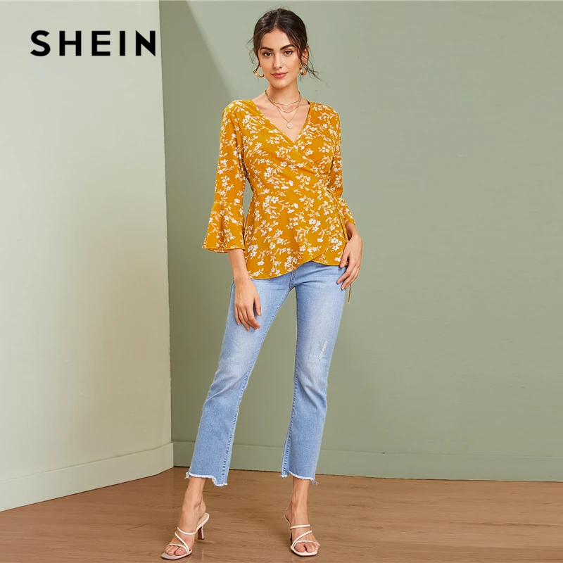 SHEIN V шеи Ditsy цветочный принт Узелок Бохо Вязаная блуза с запахом женские топы осенний праздничный рукав-Волан дамские облегающие блузки