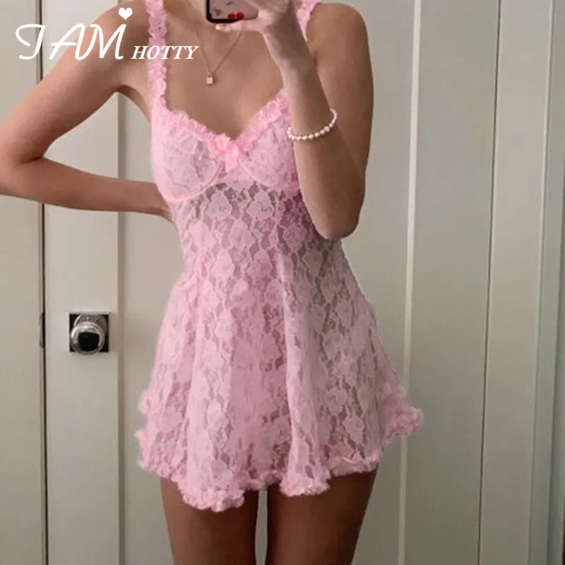 IAMHOTTY Y2K эстетическое кружевное платье розовое без рукавов ТРАПЕЦИЕВИДНОЕ Лолита
