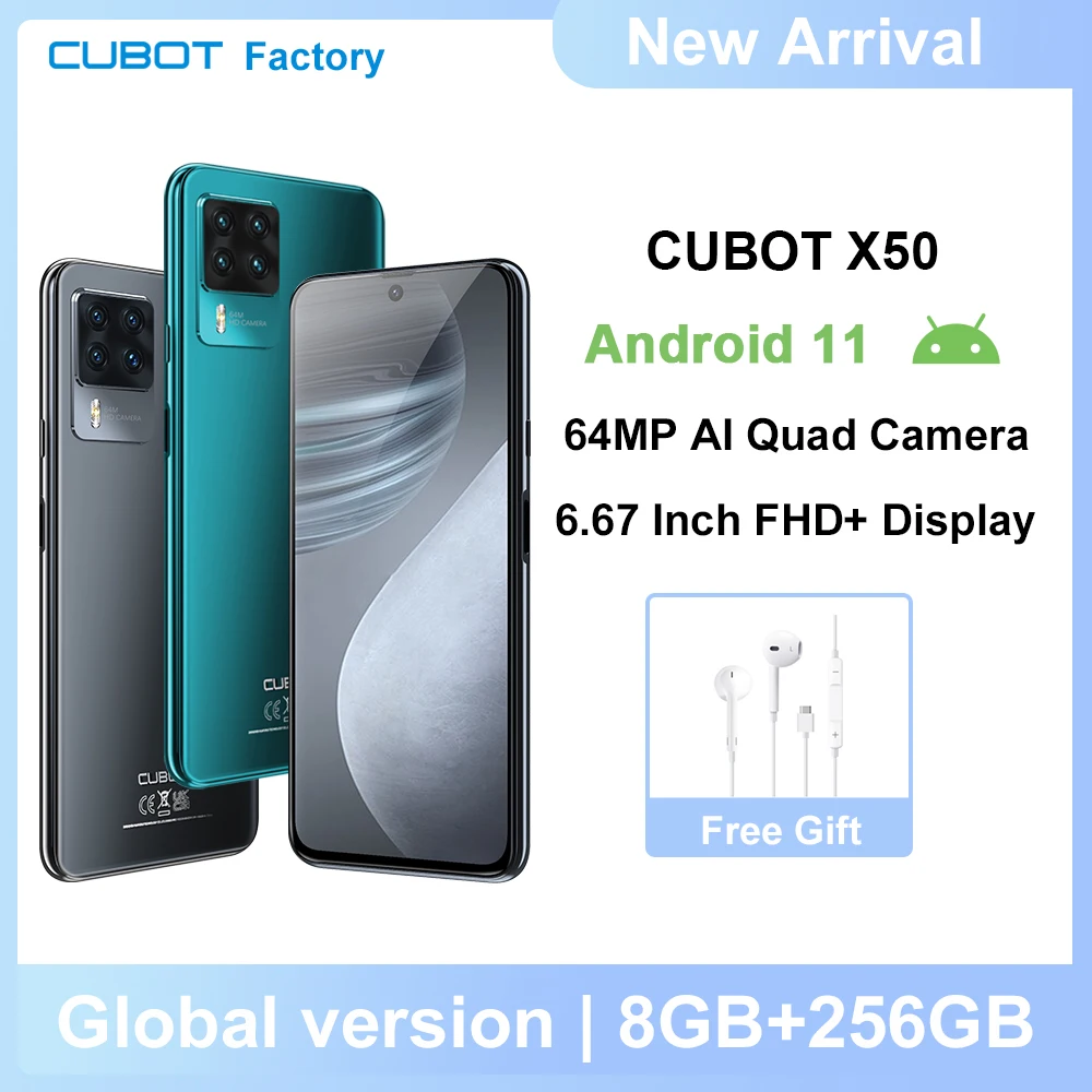 2021 Cubot X50 Smartphone 8GB+256GB 64MP Quad Camera 4500mAh 6.67" FHD+