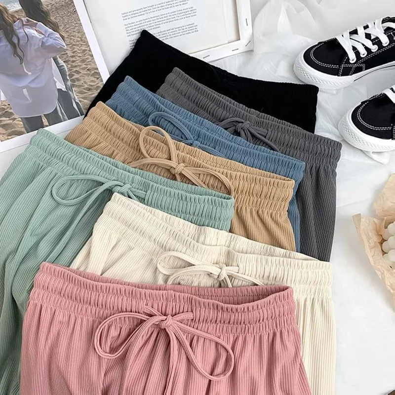 Spring and Autumn New Ladies Ice Silk Light Wide Leg Trousers Girl Solid Color High Waist Loose Wild Straight Casual Pants