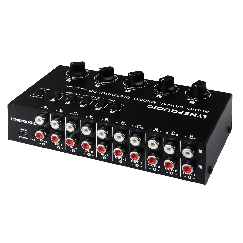 5-in 5-out audio signal selection mixing splitter  output independent volume adjustment RCA interface 4