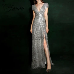 Glittery Scoop Neck Front High Split Wedding Dresses Backless Short Sleeve Sequined