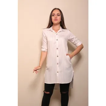 

Rayon Shirt Collar Striped Tunic White/powder