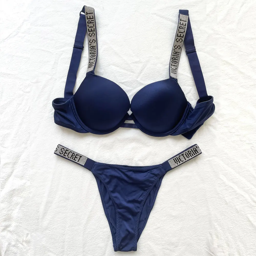 New VICTORIA’S SECRET Fashion Women Plus Size Bra Panty 2 Piece Push Up Sexy Underwear Briefs Set Letter Rhinestone Lingerie Set