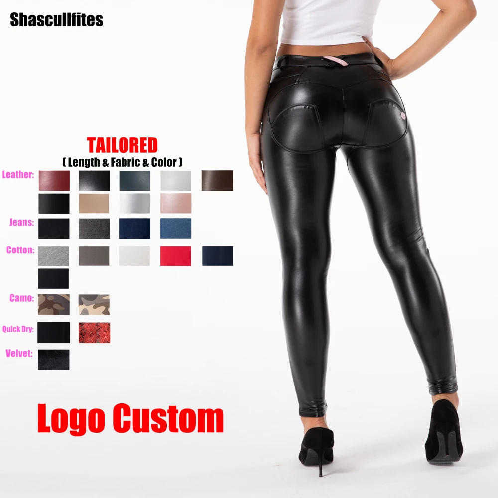 

Shascullfites Melody Tailored Pants Women Logo Custom Middle Waist Black Leather Pants Latex Pants Booty Lift Leggings