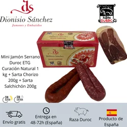Mini Jamón Serrano Duroc Certificado ETG 1kg Curación Natural Especial Tapas Aperitivo + Embutido Salchichón Sarta 200g + Chorizo Sarta 200g Hecho en España Buen Punto de Sal, Aspecto y Buena Curación