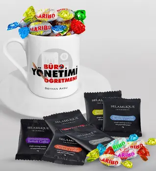 

Personalized Office Administration Öğretmeni Turkish coffee Cup Selamlique Mixed Turkish Coffee House and Haribo Candy Gift Set