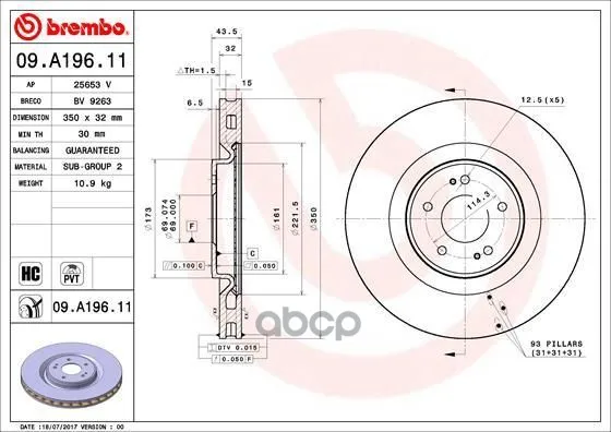 Диск Тормозной Uv Coated | Перед | Mitsubishi Lancer Viii(Cy_a, Cz_a) Evo X(Cz4a) 06.2008- 06. Brembo арт. 09A19611