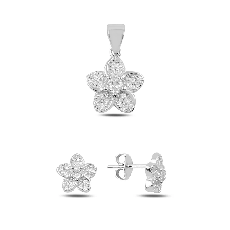 

Silver 925 Sterling Zircon Cubic Zirconia Flower Earrings & Pendant Set