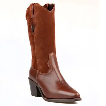 

FootCourt- Vintage Western Boots For Women Pointed Toe Mid Calf Cowboy Boots Sewing Mid Heel Ladies Autumn Riding Shoes footwear