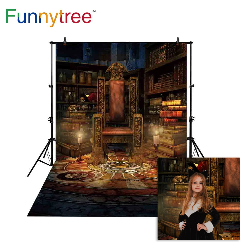 Фон Funnytree для фотостудии книжная полка винтажное кресло Хэллоуин волшебник свеча