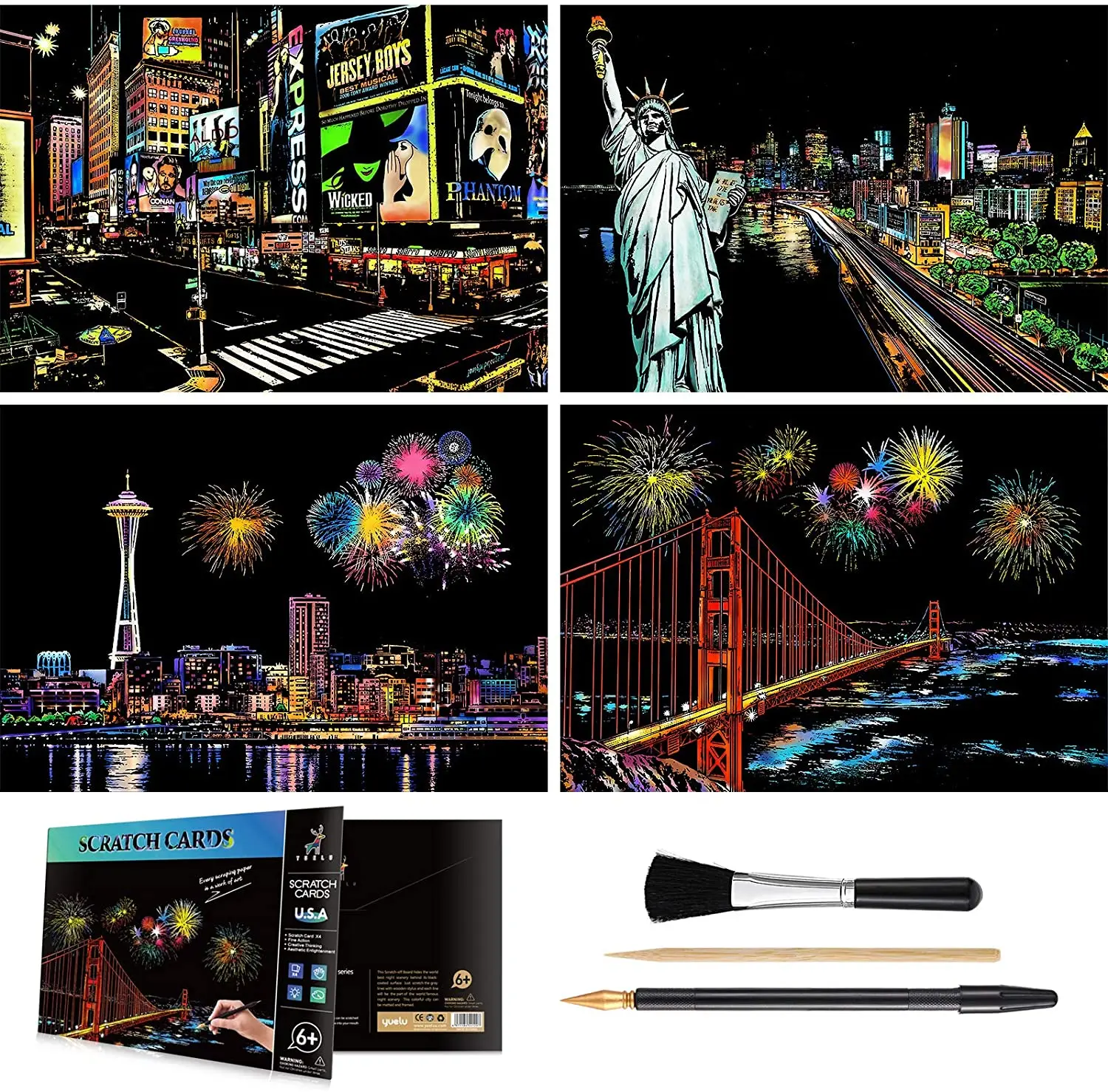 Creative Gift Castle - Amusement Park - Las Vegas Engraving & Craft Set Sketch Night View DIY Scratchboard for Kids & Adults Scratch Art Rainbow Painting Paper 16 x 11.2 with 7 Tools 