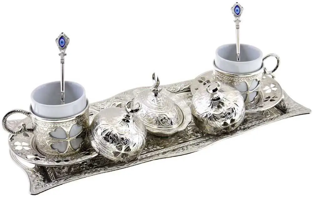 Handmade authentic  Design Turkish Greek Arabic Coffee Espresso Set for 2 Service, Cups Saucers Lids Tray Delight Candy Dish GIFT