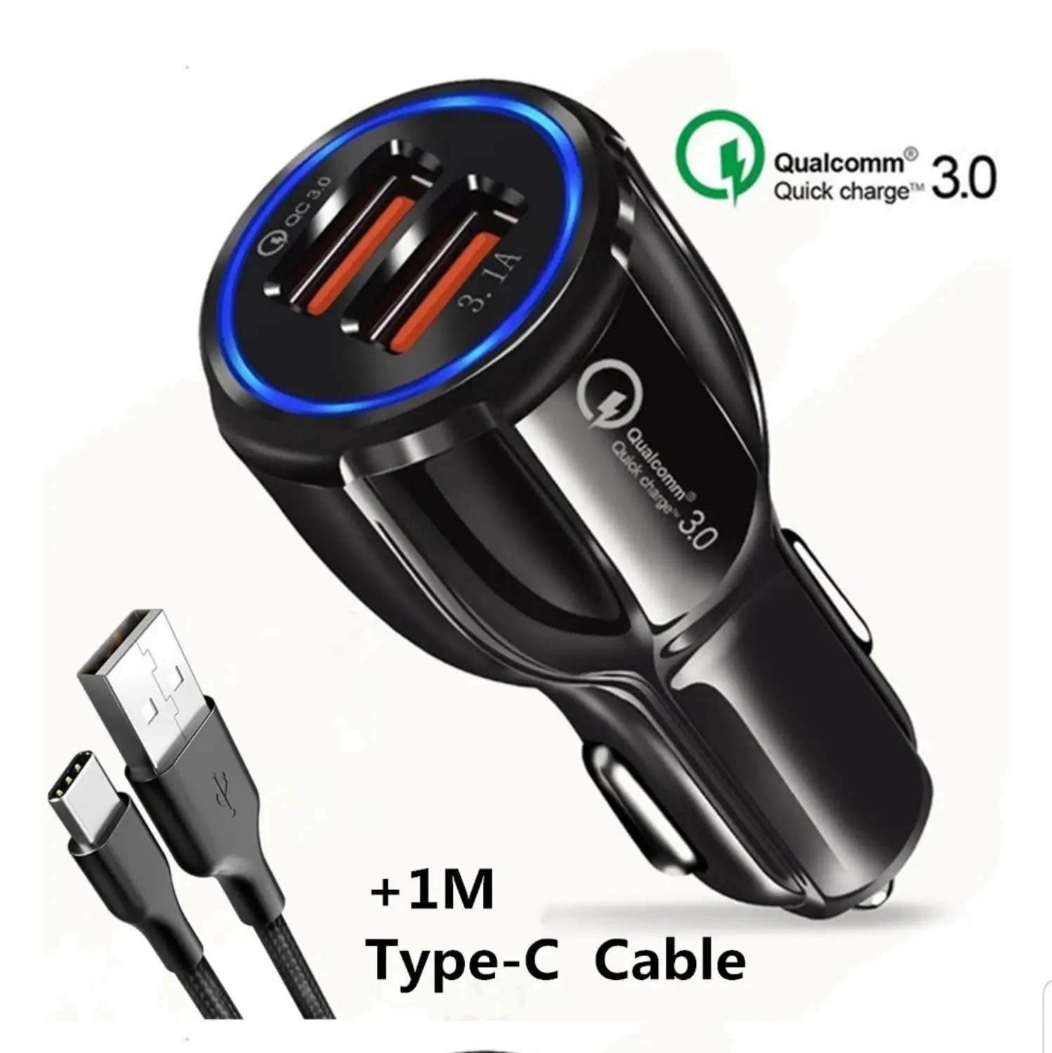 Type C Cable USB мобильный телефон автомобильное зарядное устройство-Qualcom 3,0 Быстрая зарядка+ 1 м Ультра быстрый кабель+ отслеживание груза samsung Iphone - Тип штекера: Type C Cable