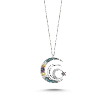

KUTAYDAN Mix Gemstone Moon Star Necklace 925 Sterling Silver