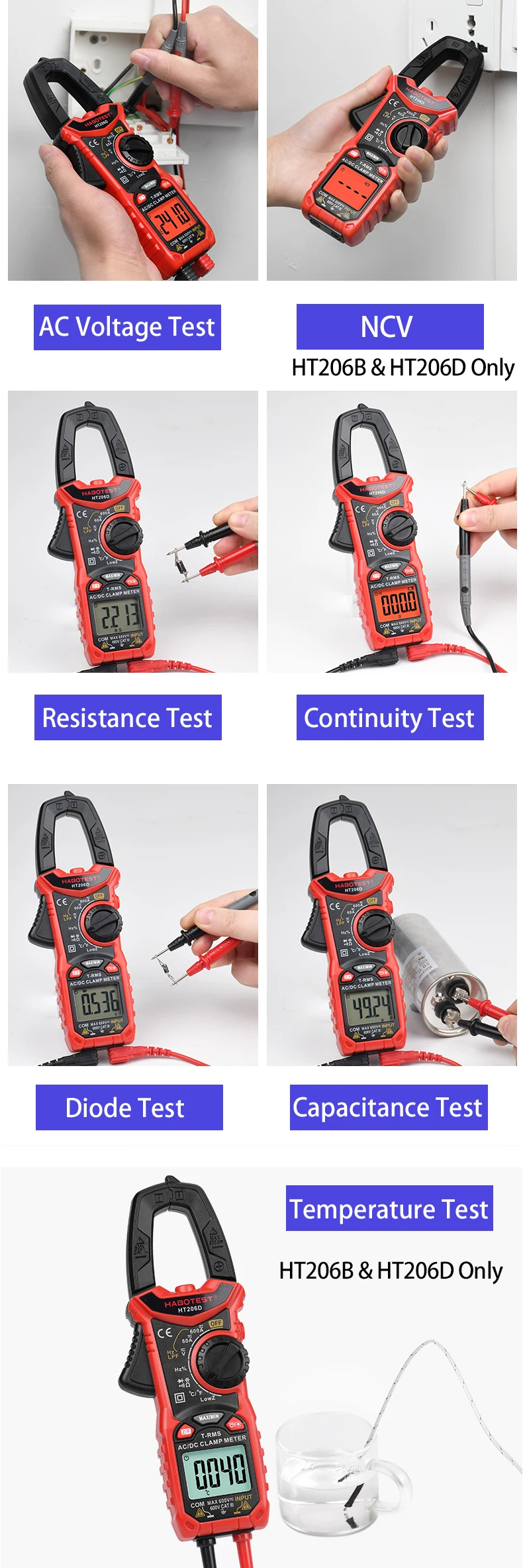 electronic tape measure HABOTEST HT206 Pliers Ammeter Amperometric Clamp Meter Professional Digital Multimeter Automotive Tester 600A AC DC Amp Meter noise level meter